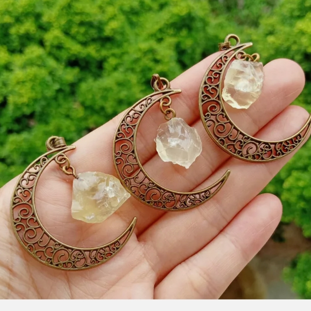 (3 For $15) Lemon Quartz Crystal Crescent Moon Pendant - Picture 2 of 2